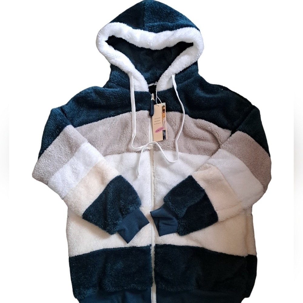 DOKOTOO dreamy plush colorblock hooded ZIP sweater jacket teal grey white  M